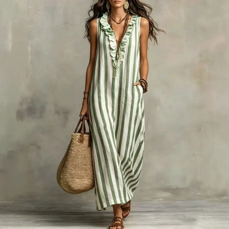 Boho Summer Beach Maxi Dress - Vestido Longo Listrado com Mangas Flutuantes