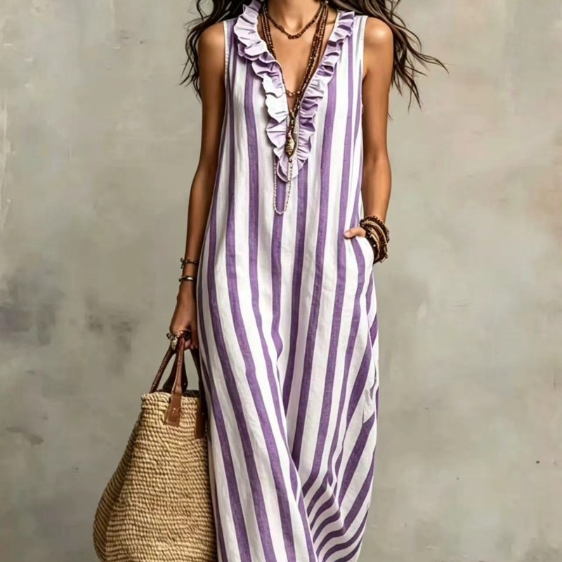 Vestido Longo Listrado com Man - Boho Summer Beach Maxi Dress avaliação e preço