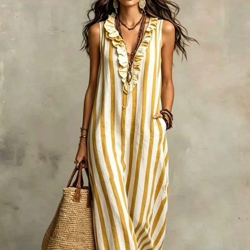 Vestido Longo Listrado com Man - Boho Summer Beach Maxi Dress avaliação e preço